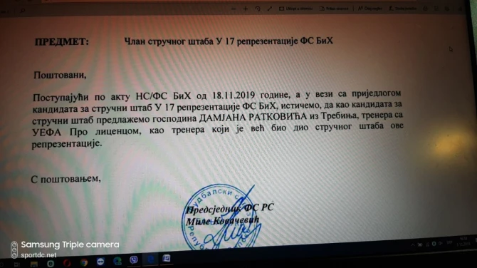 Pismo FS BiH od Mileta Kovačevića