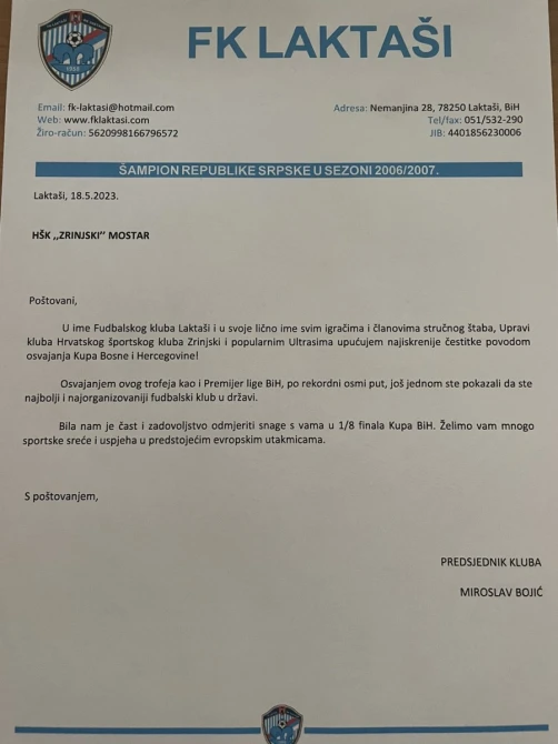 Faksimil FK Laktaši Admiral bet poslat Zrinjski