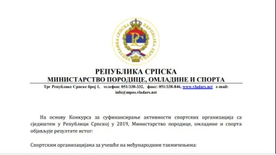 Ministarstvo sporta odobrilo sredstva pojedinim  klubovima i savezima
